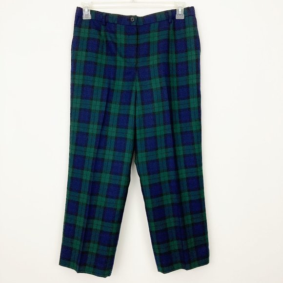 Pendleton Virgin Wool Black Watch Plaid Tartan Pants Size 12 Green Navy Lined - Picture 1 of 11